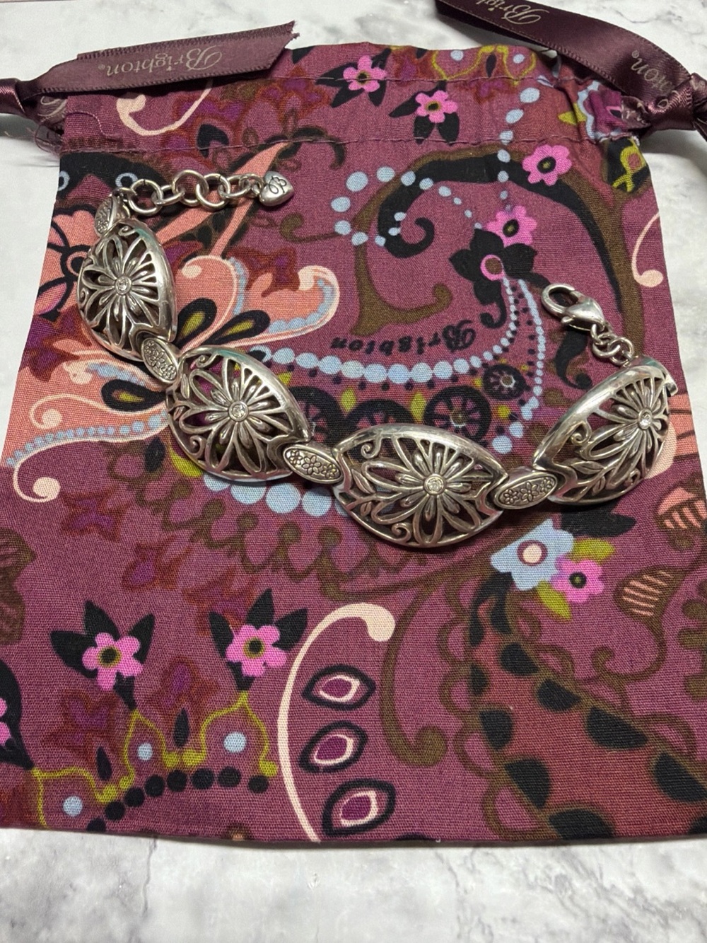 Brighton Floral Link Bracelet flower Accents and drawstring jewelry bag